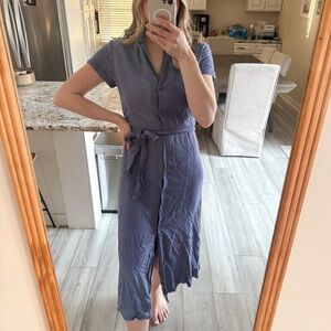Anthro Cloth & Stone Blue Button Front Tie Waist Midi Dress XS